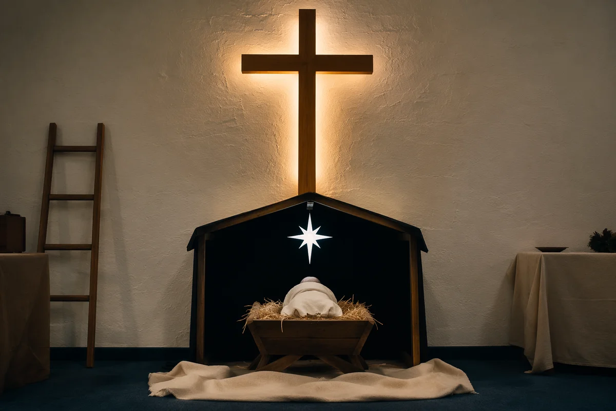 Baby Jesus Manger Nativity in Church Hall