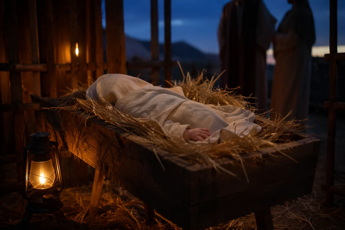 Baby Jesus in Manger at Winter Dusk