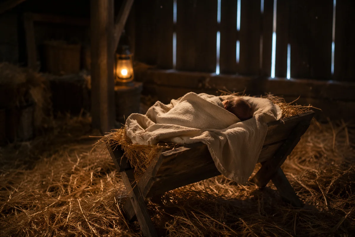 Baby Jesus in Straw Manger at Dawn