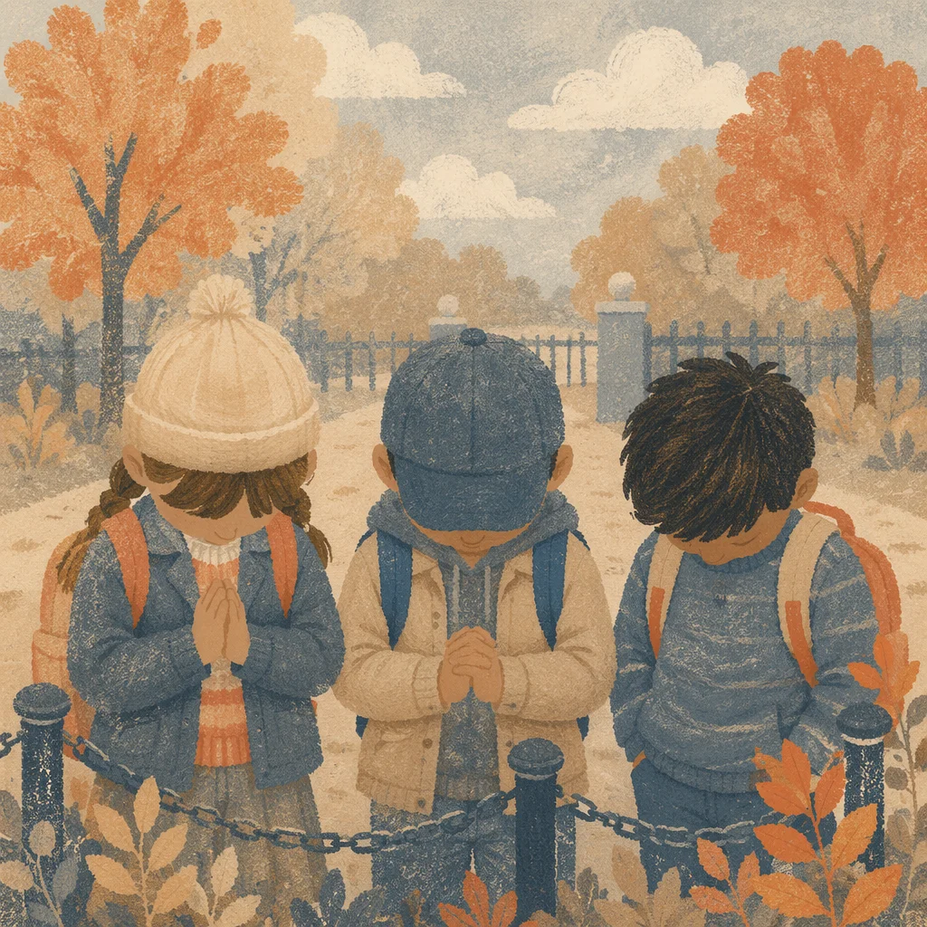 Children Praying Before School in Autumn