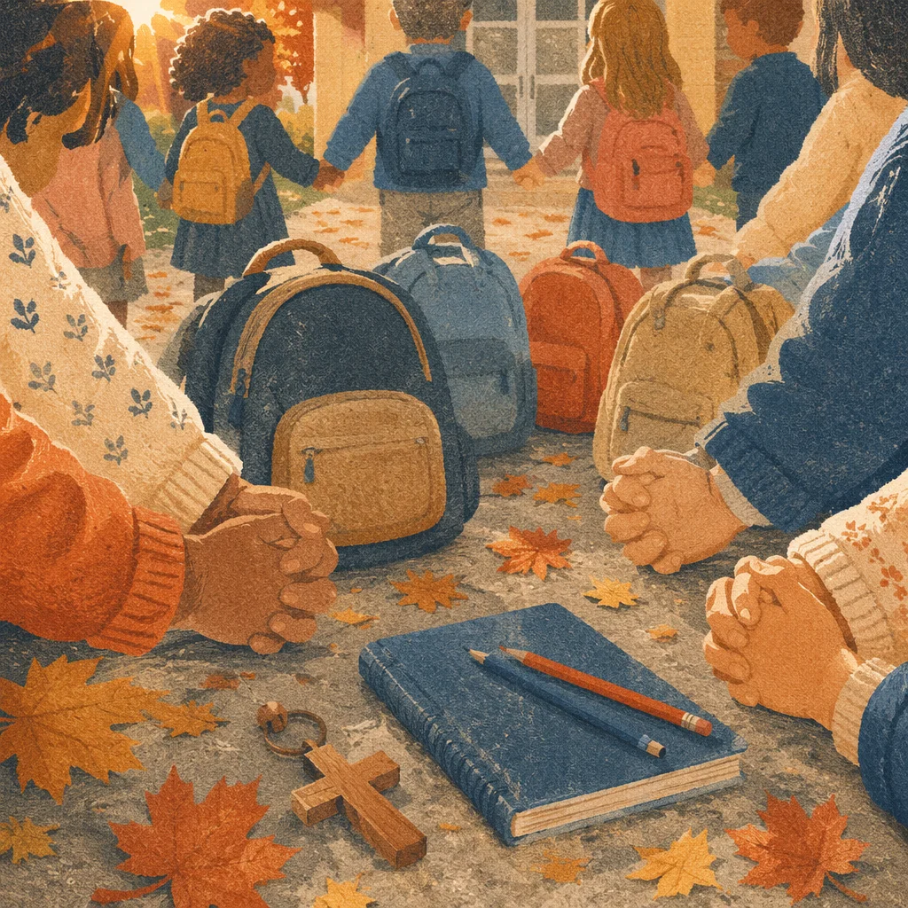 Children Praying Over Backpacks at School