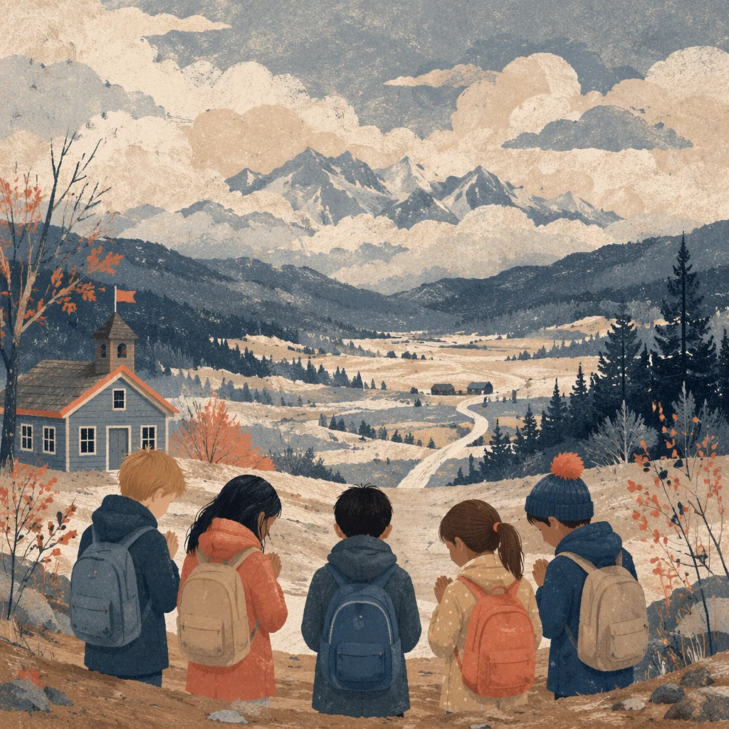 Children Praying Before School in Winter
