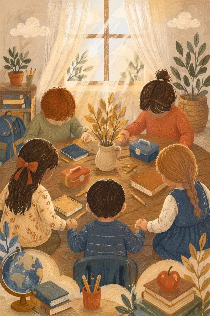 Children Praying Before School in Classroom