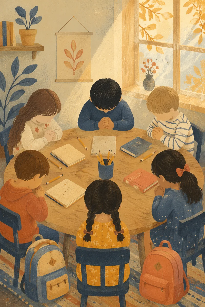 Children Praying Before School in Autumn Classroom