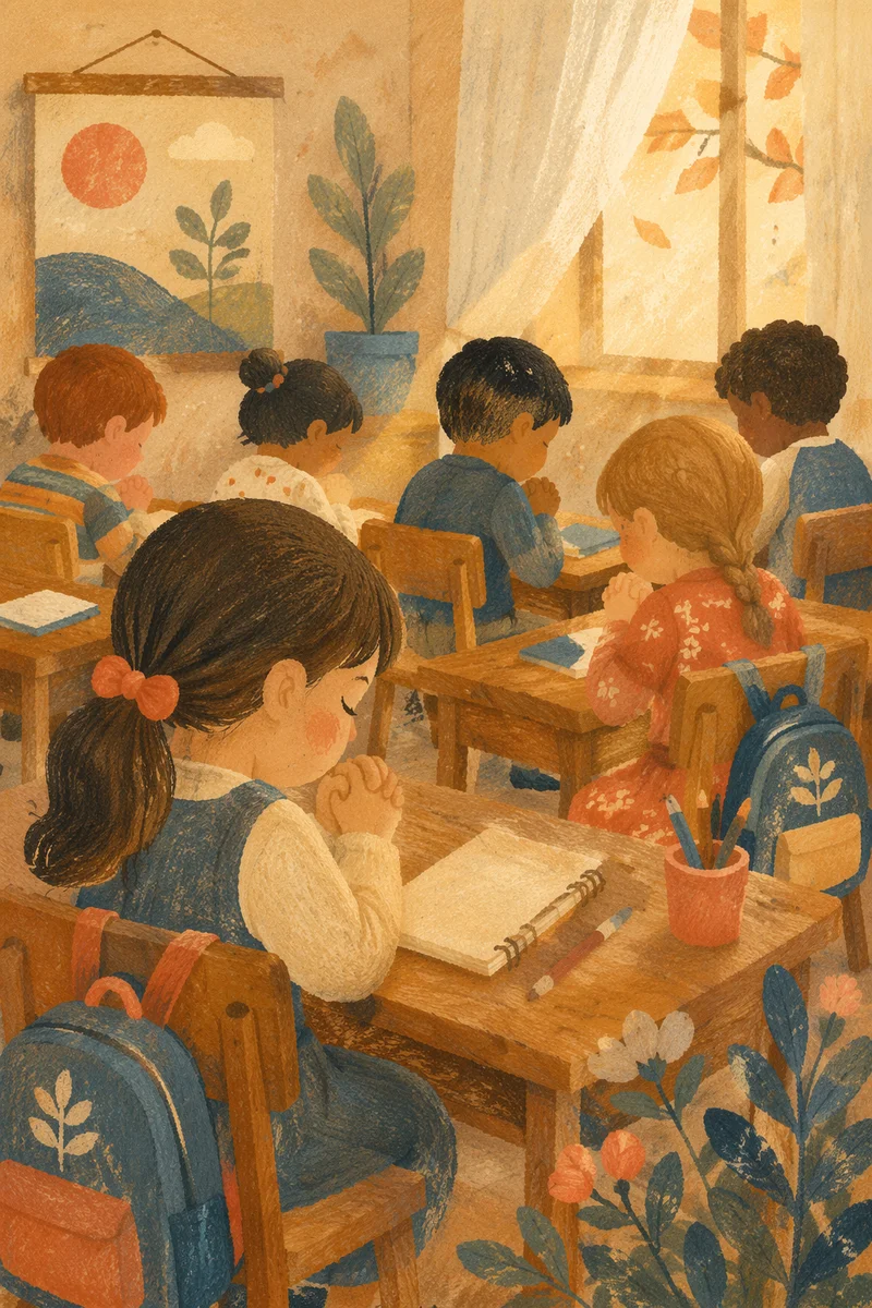 Children Praying Before School in Autumn Classroom