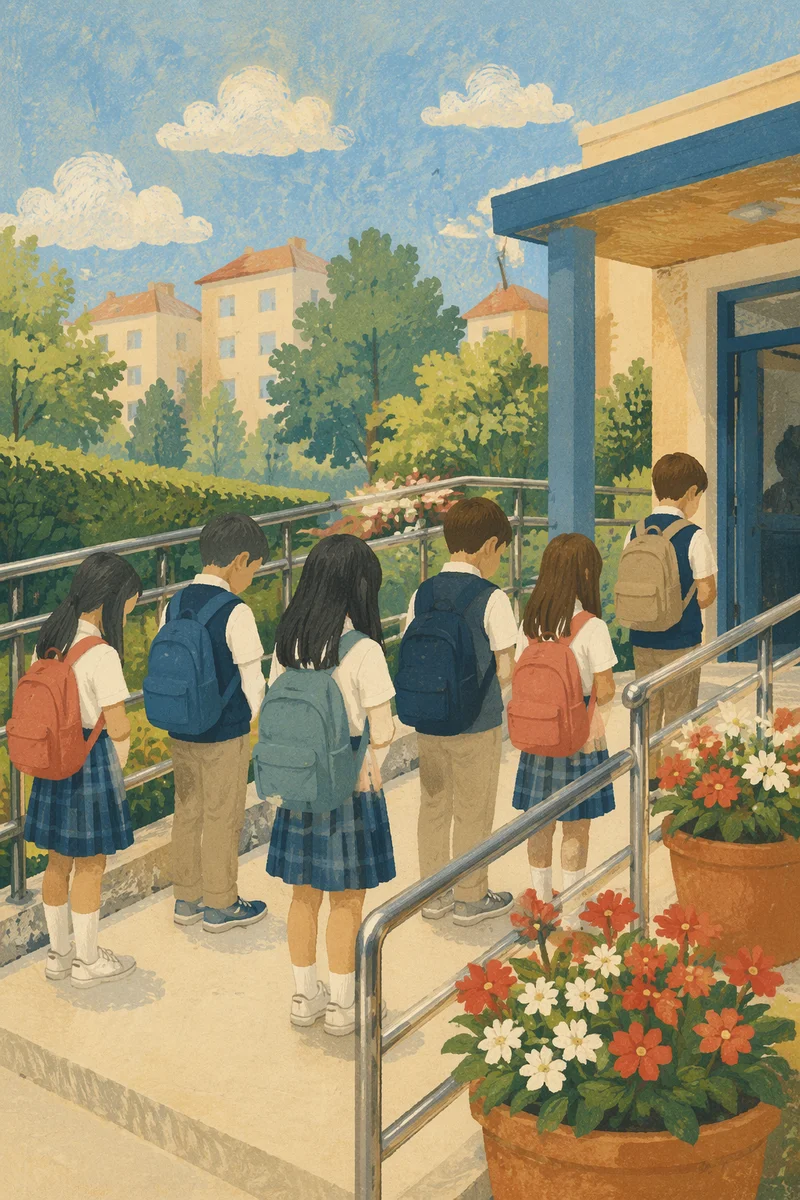Children Praying Before School Entrance