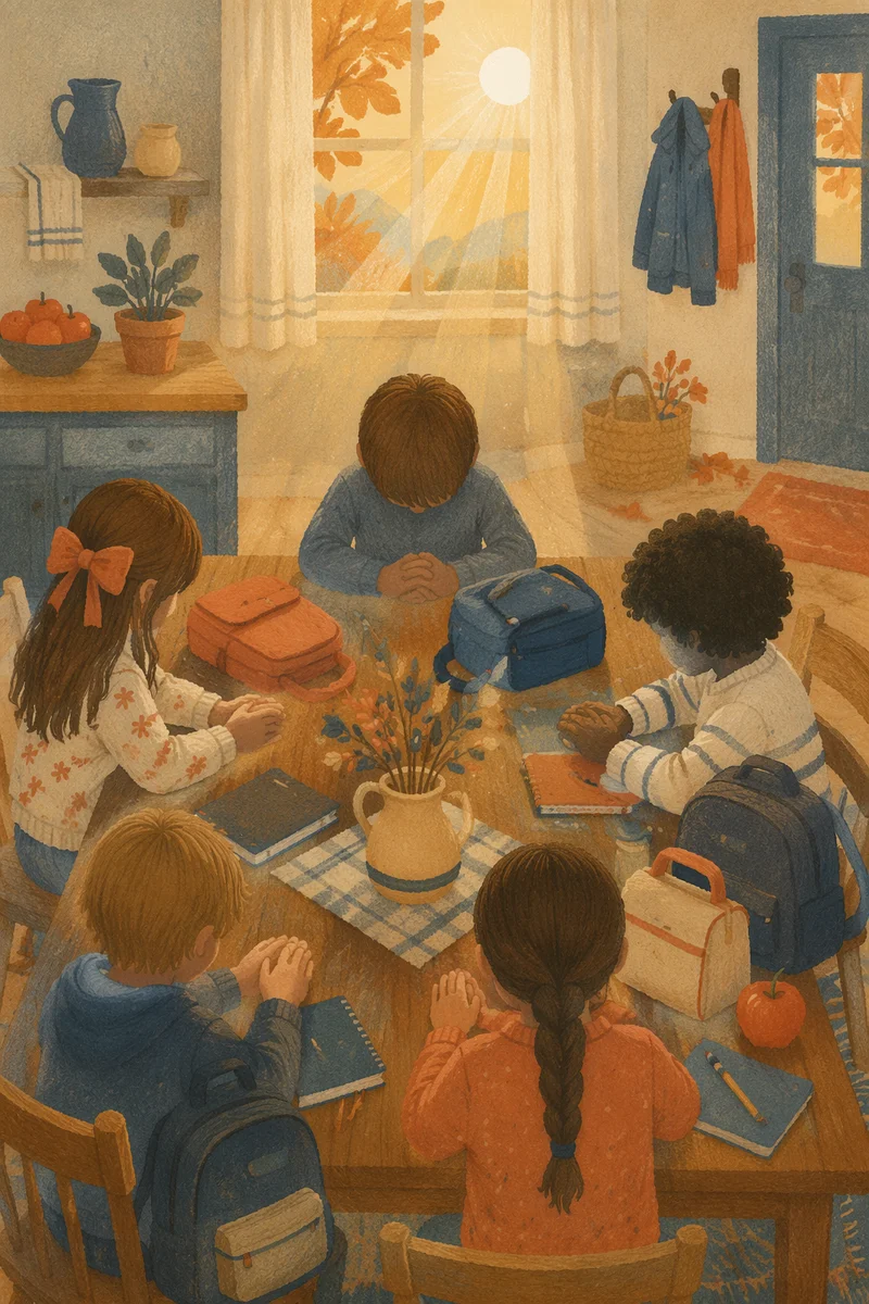 Children Praying Before School at Sunrise