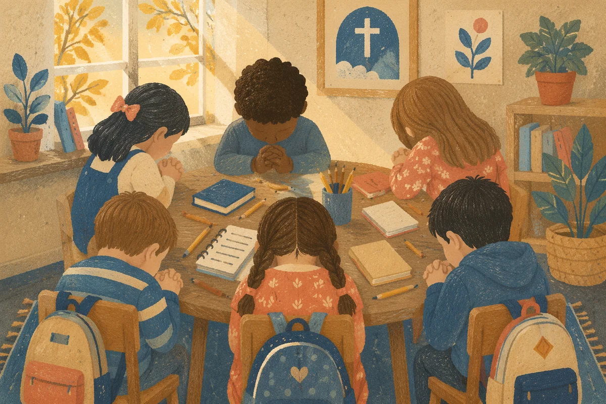 Children Praying Before School in Autumn Classroom