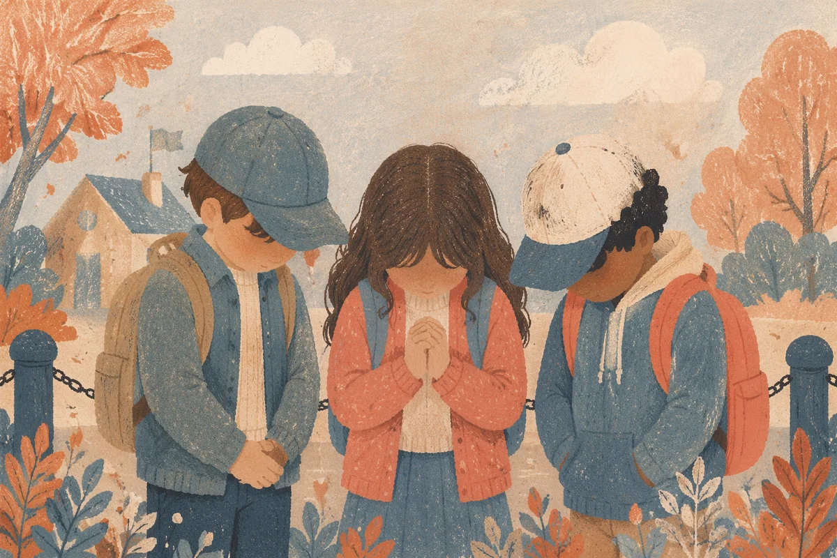 Children Praying Before School in Autumn