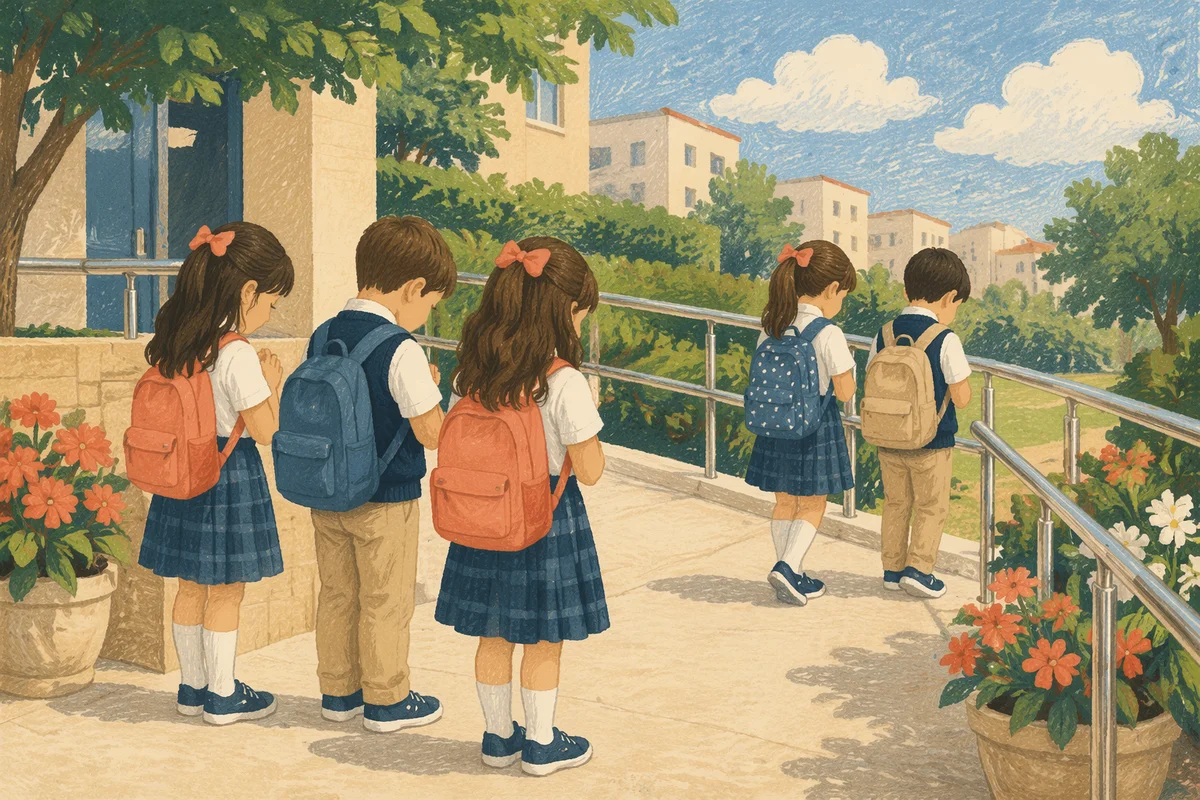 Children Praying Before School Entrance