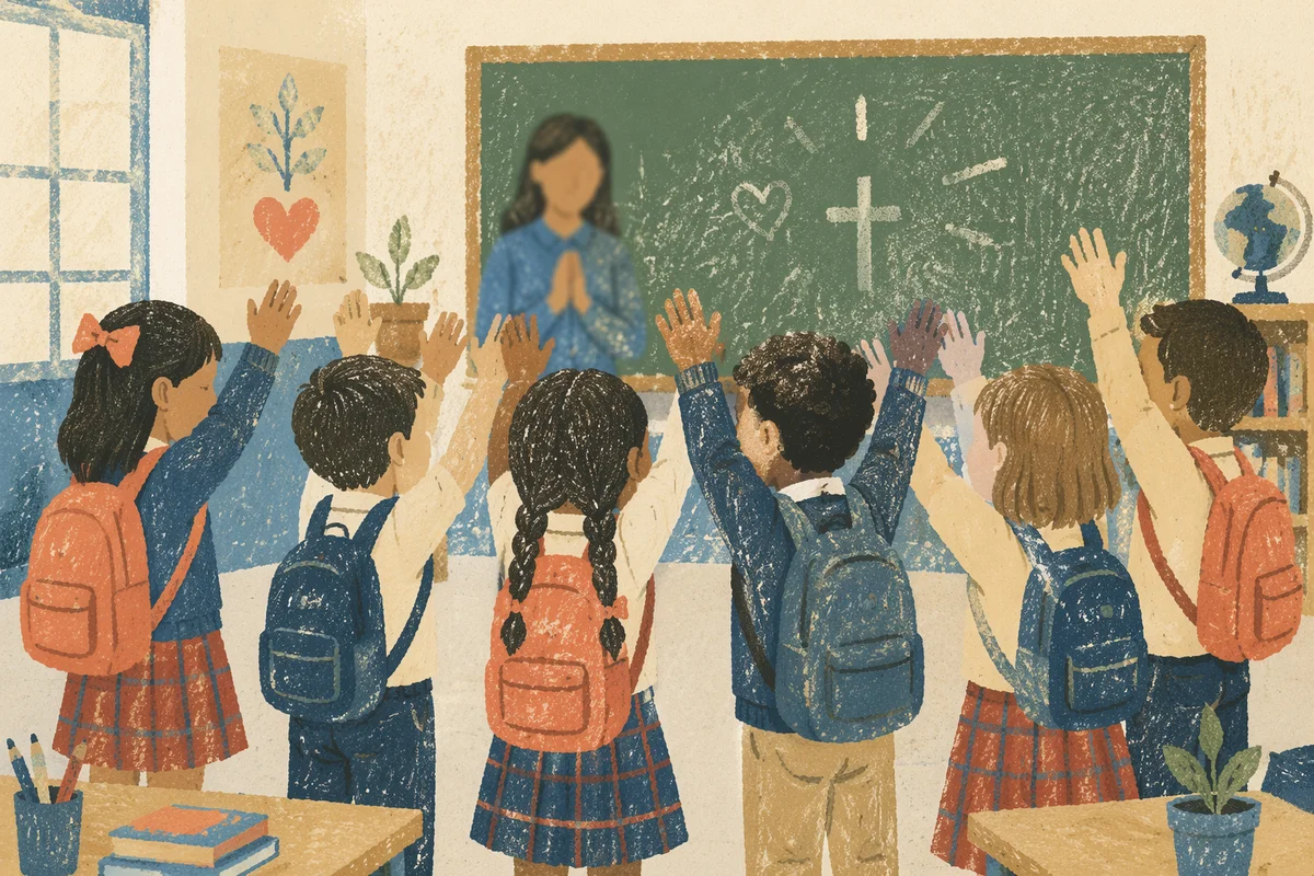 Children Praying at Classroom Doorway