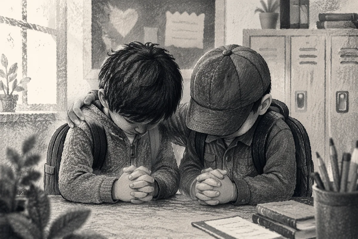 Children Praying Before School Entrance