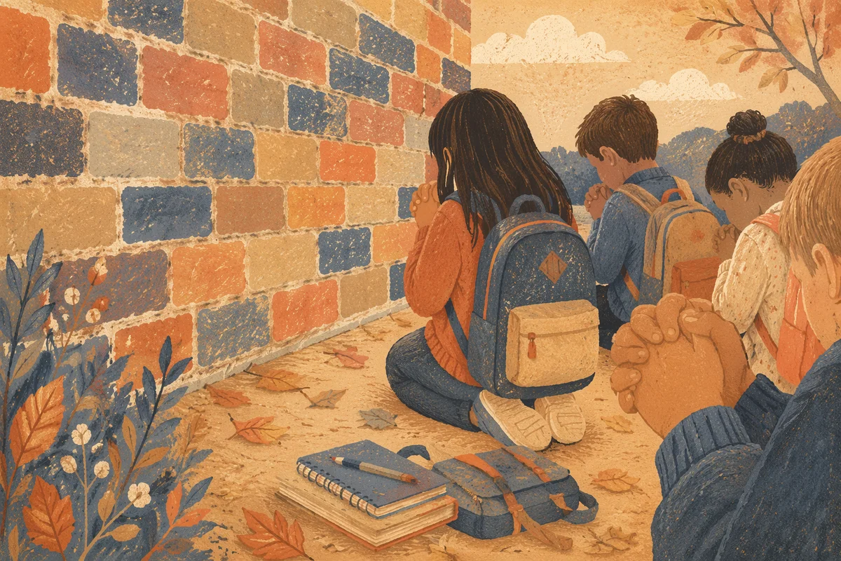 Children Praying Before School in Autumn