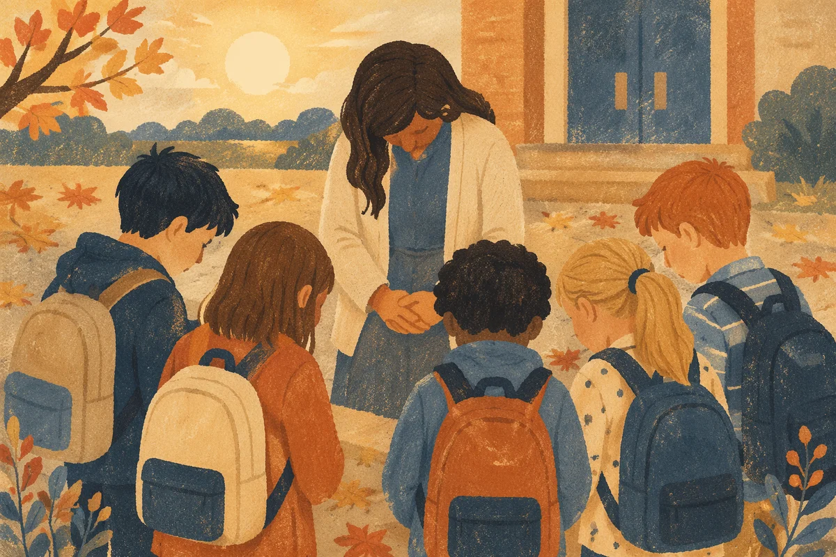 Children Praying Before School in Autumn