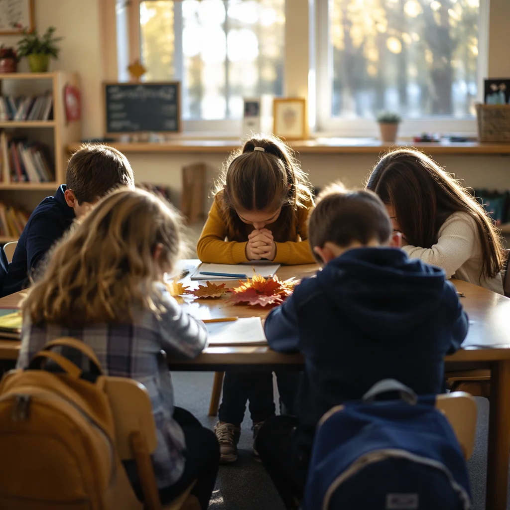 Children Praying Before School in Classroom