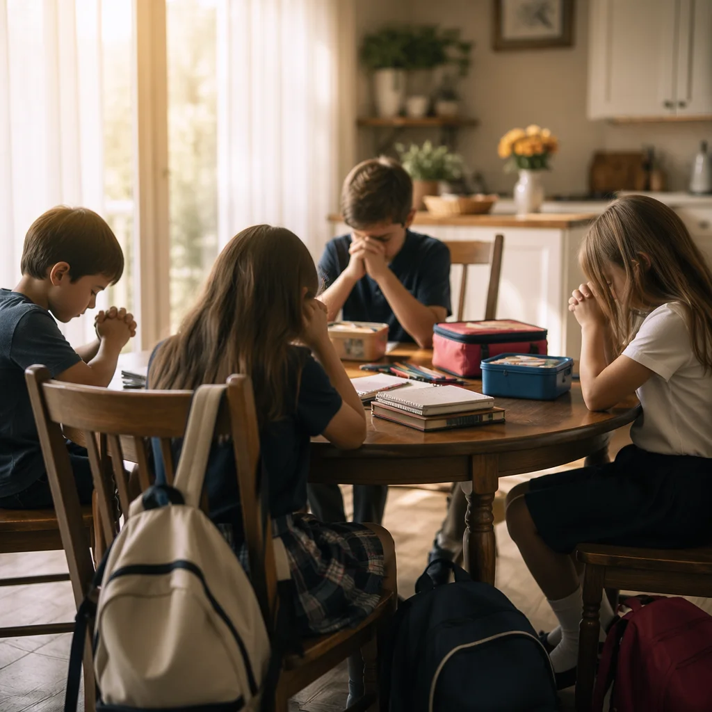 Children Praying Before School at Breakfast Table