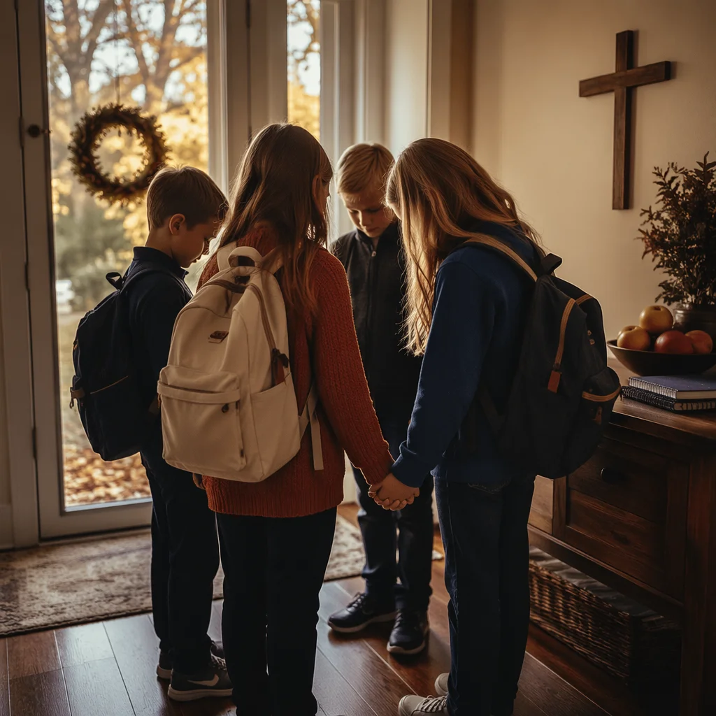Children Praying Before School in Autumn