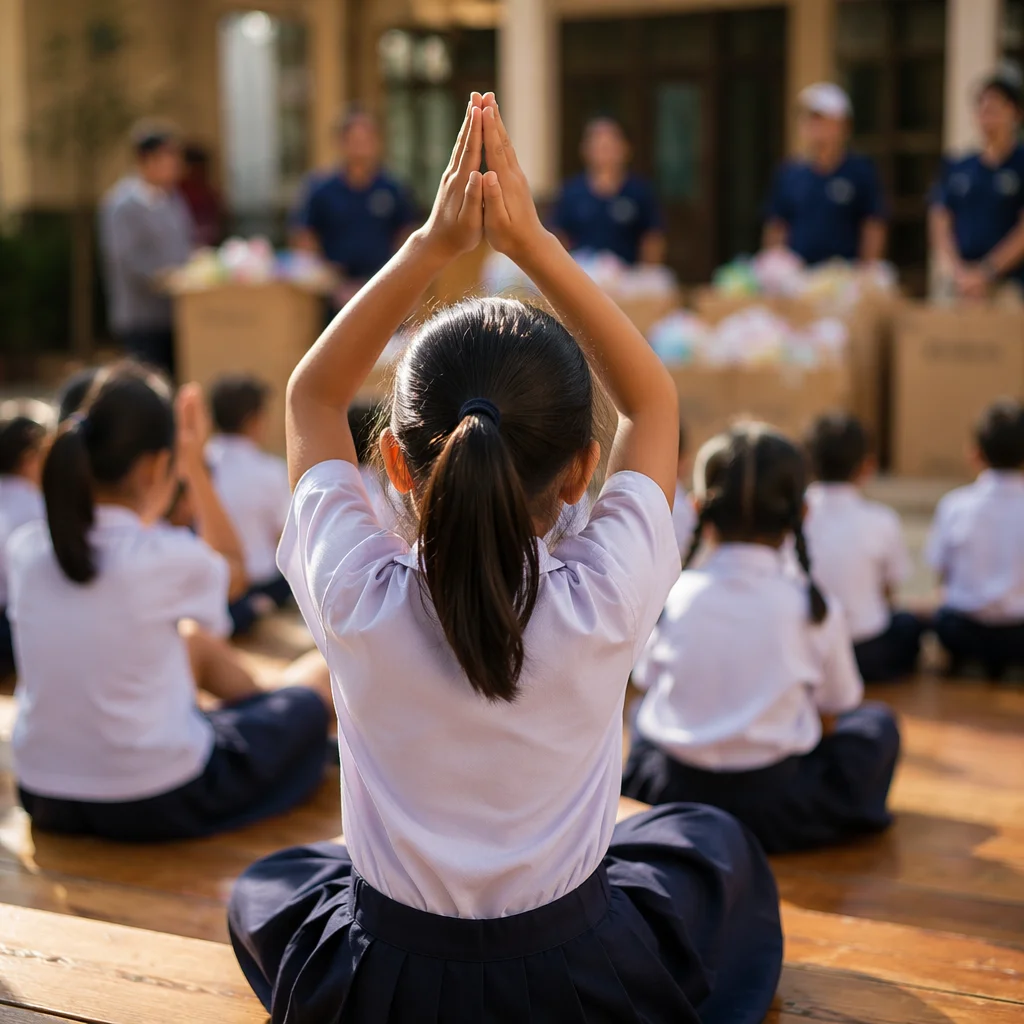 Children Praying in School Courtyard
