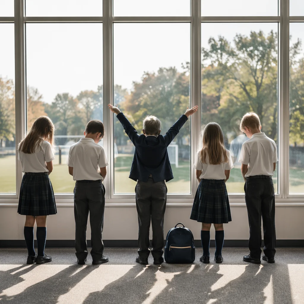 Children Praying Before School in Hallway
