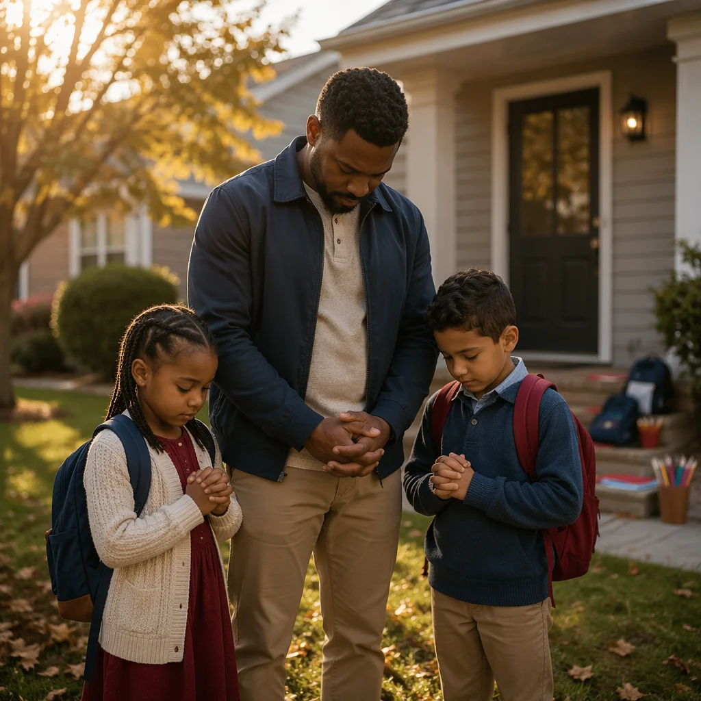 Family Prayer Before School in Autumn