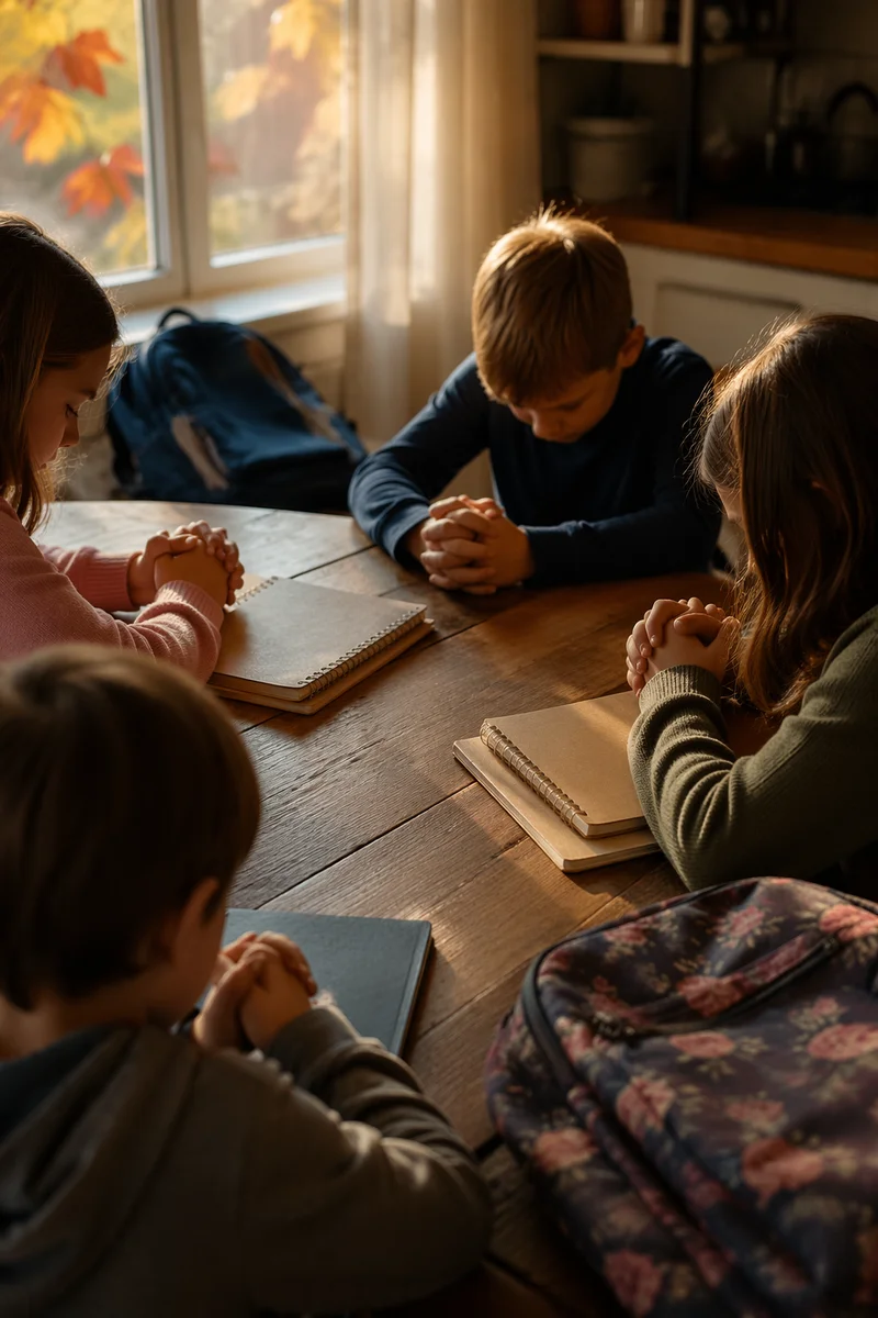 Children Praying Before School in Autumn