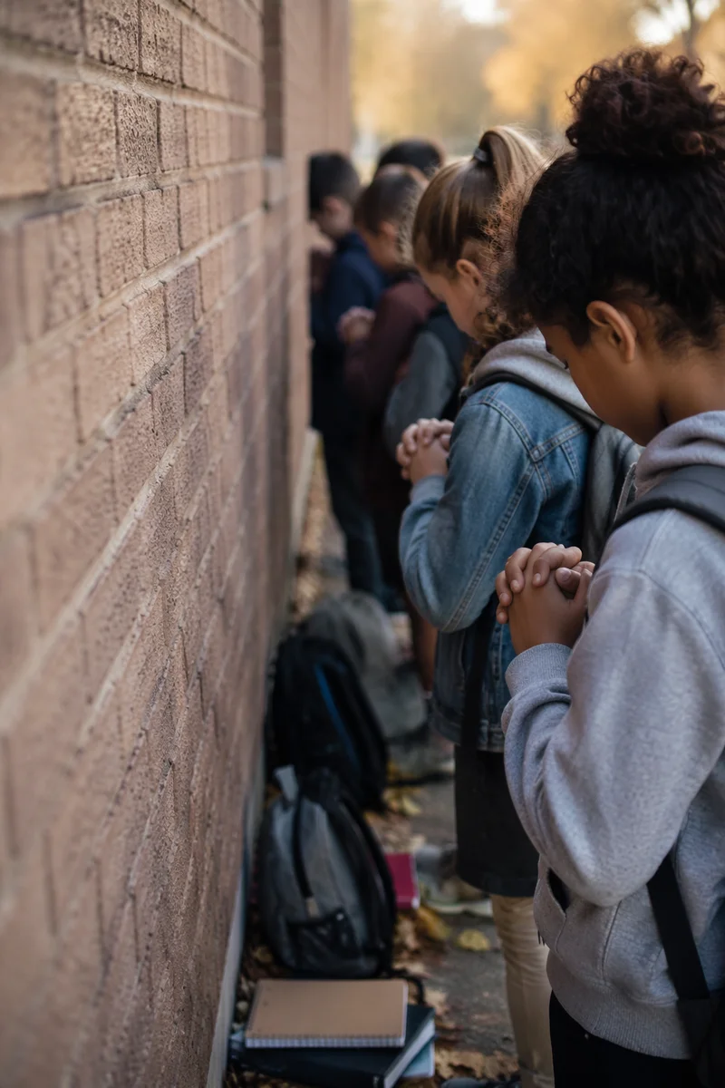 Children Praying at School Wall in Autumn