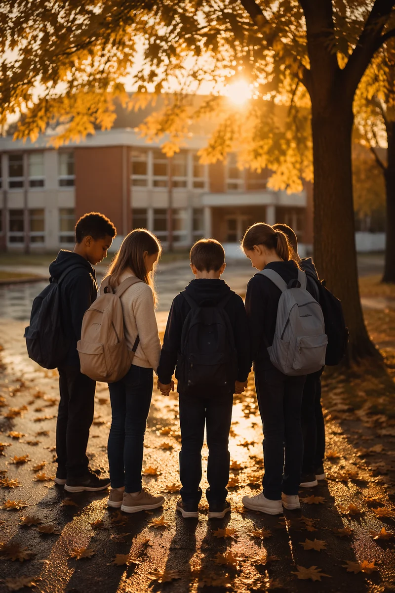 Children Praying Before School in Autumn