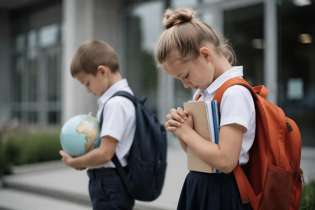 Children Praying Before School in Autumn