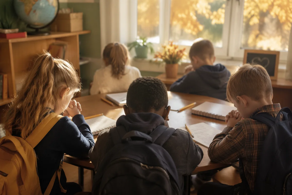 Children Praying Before School in Autumn Classroom
