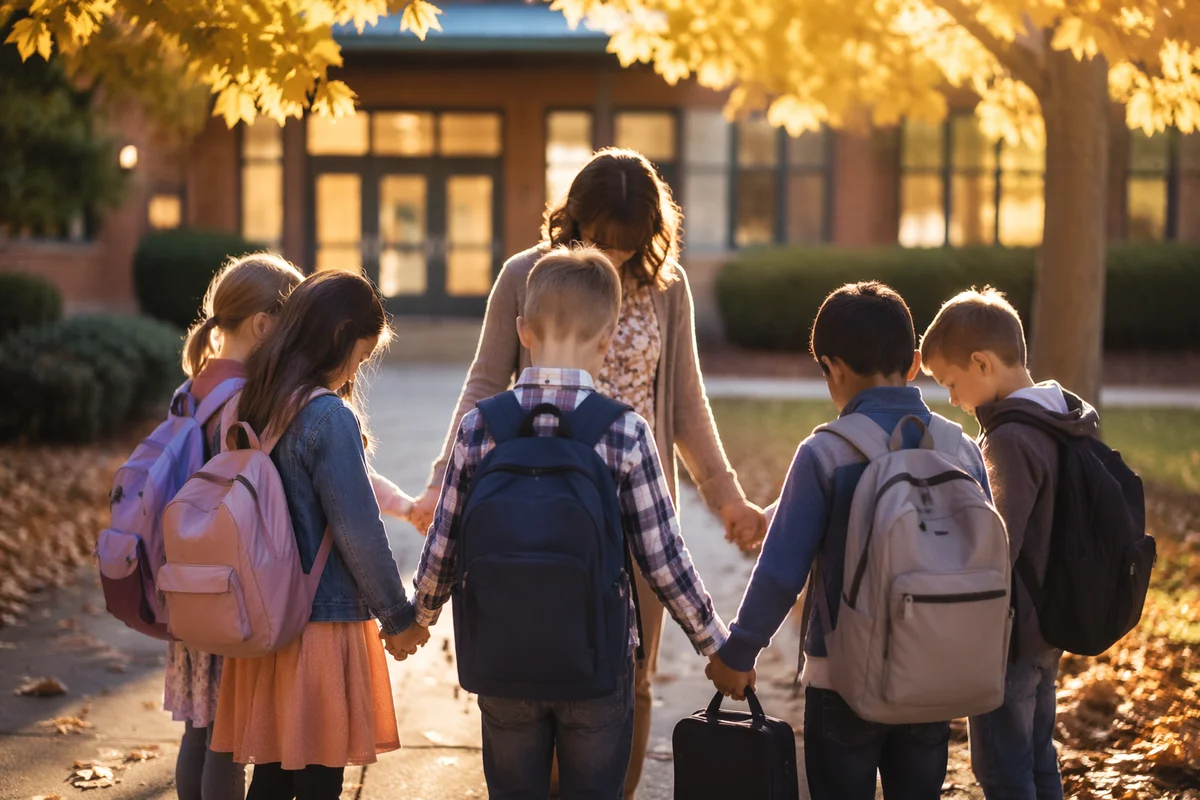 Children Praying Before School in Autumn