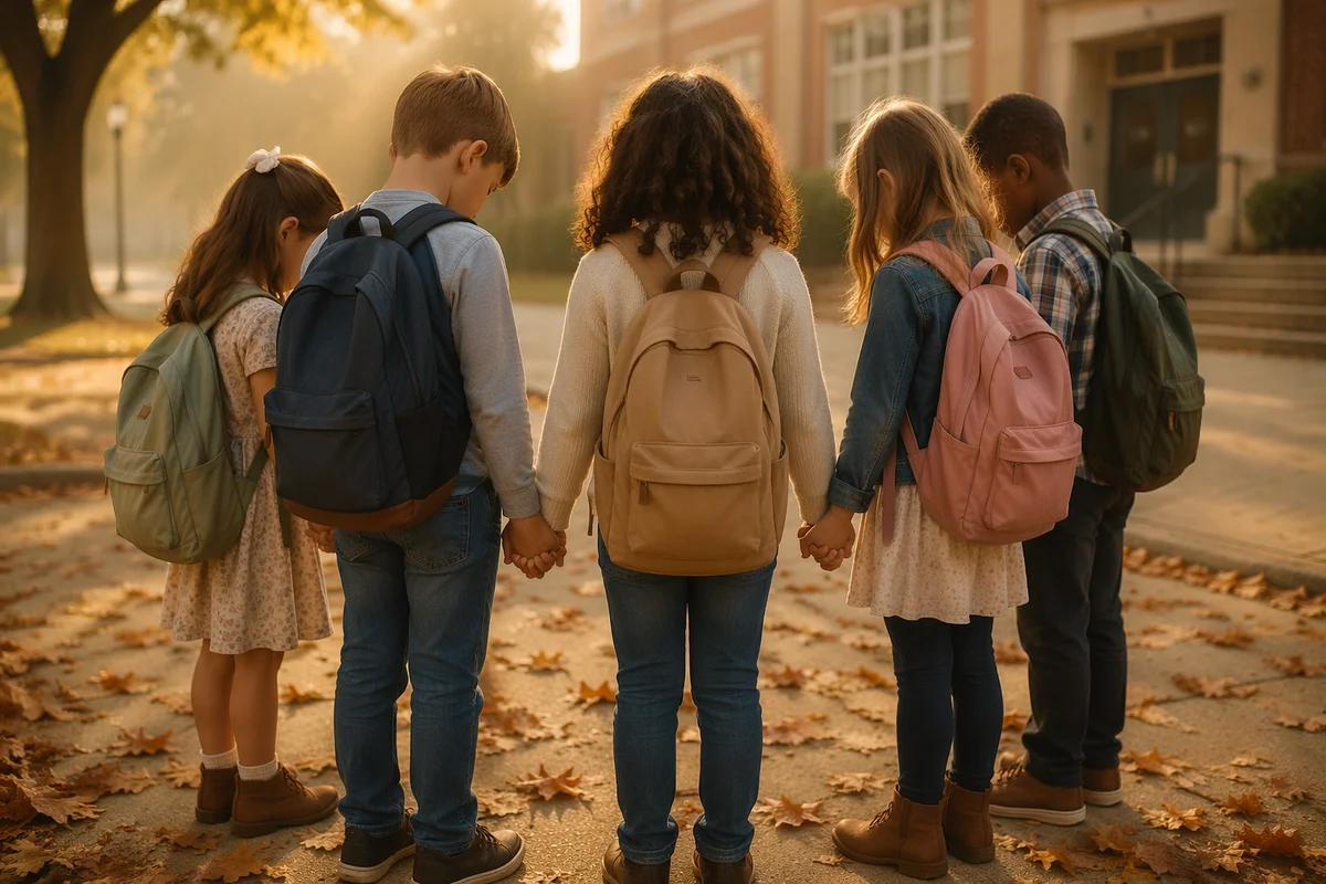 Children Praying Before School in Autumn