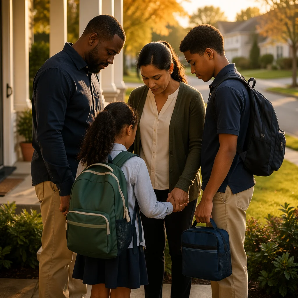 Family Prayer Before School on Porch