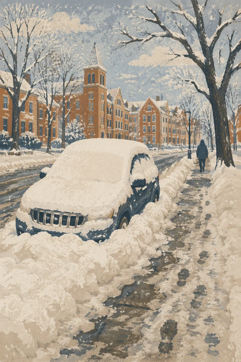 Blizzard Covered Road With Snow Buried SUV