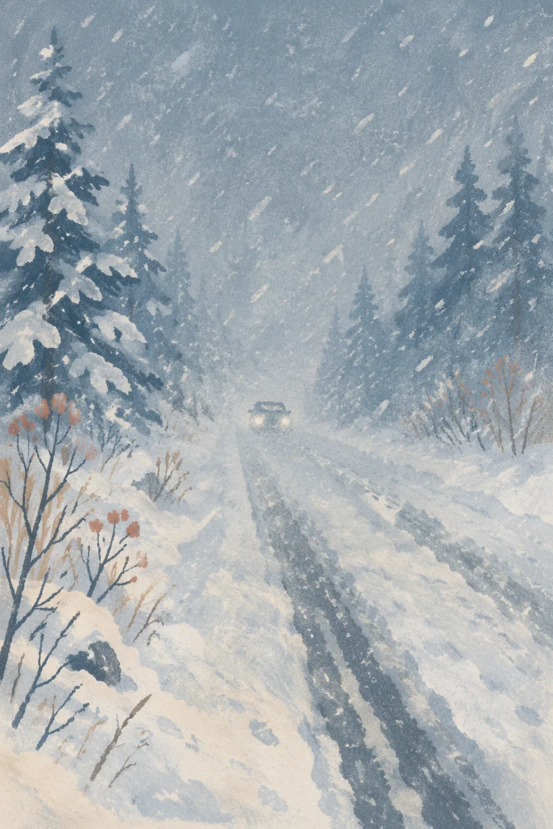 Blizzard Covered Rural Winter Road Scene