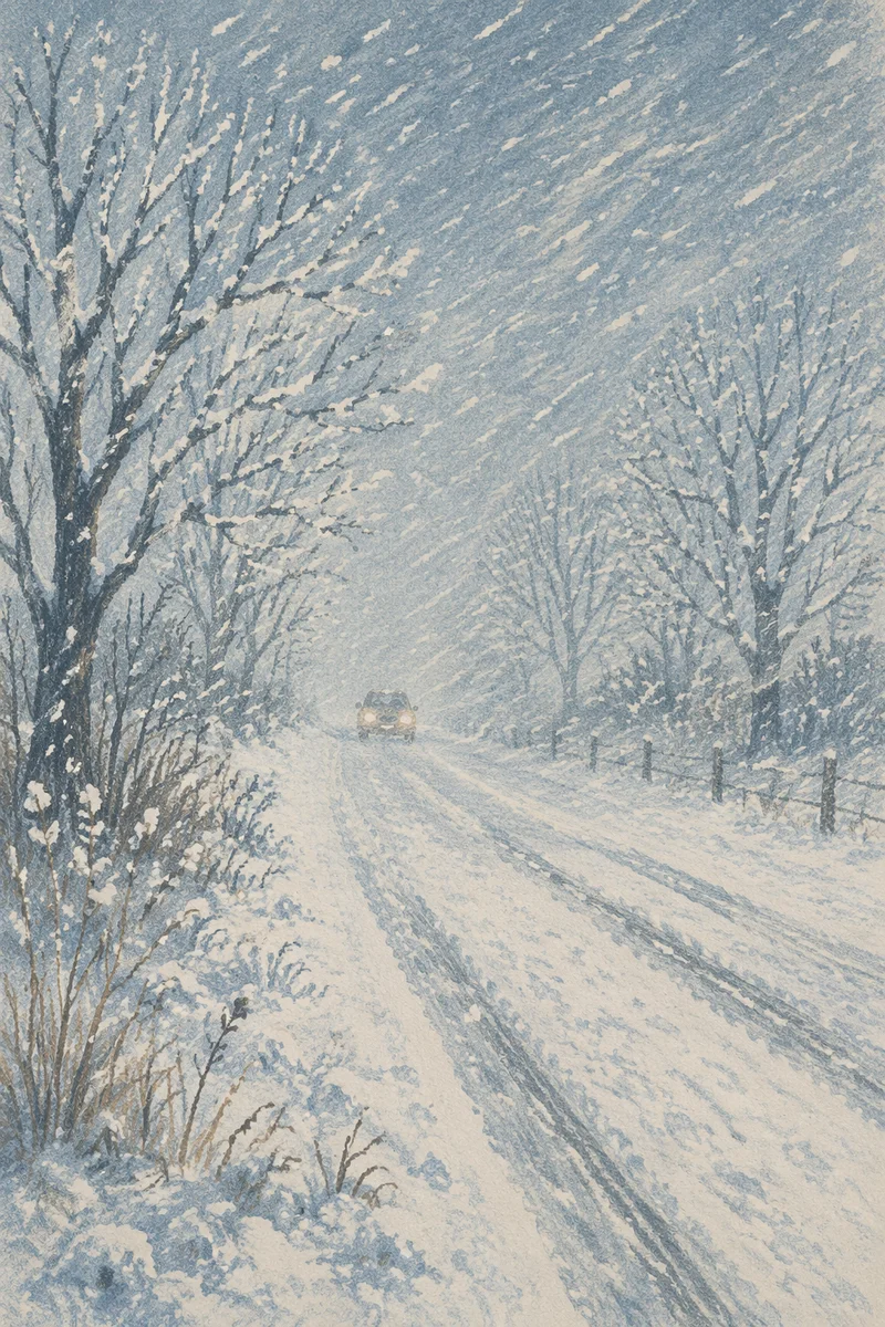 Blizzard Covered Rural Winter Road Scene