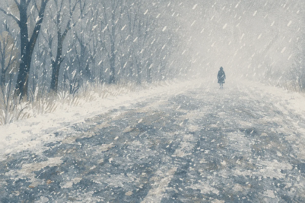 Lonely Blizzard Road in Winter Whiteout