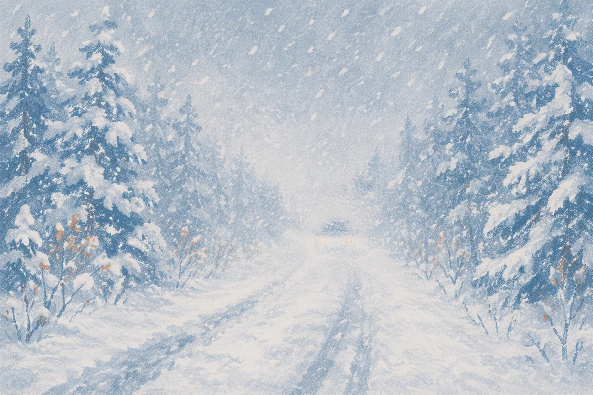 Blizzard Covered Rural Winter Road Scene
