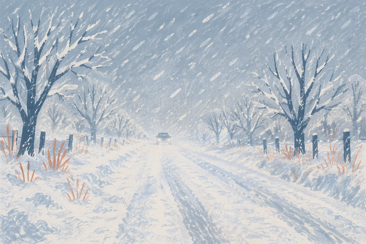 Blizzard Covered Rural Road in Winter