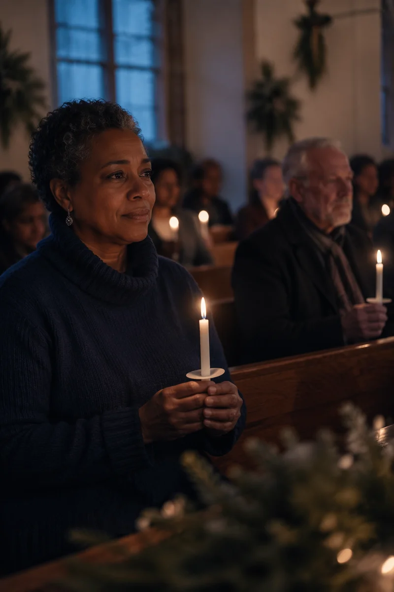 Quiet Candlelit Chapel Gathering at Dusk