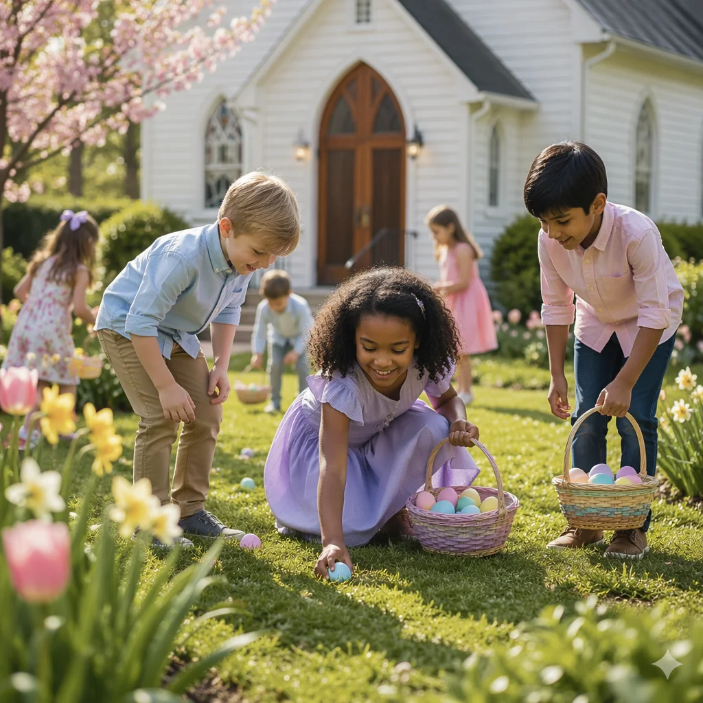 Children Hunting Easter Eggs in Church Yard