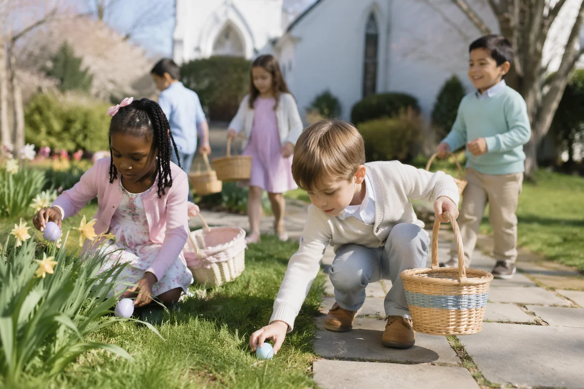 Children Hunting Easter Eggs in Church Yard