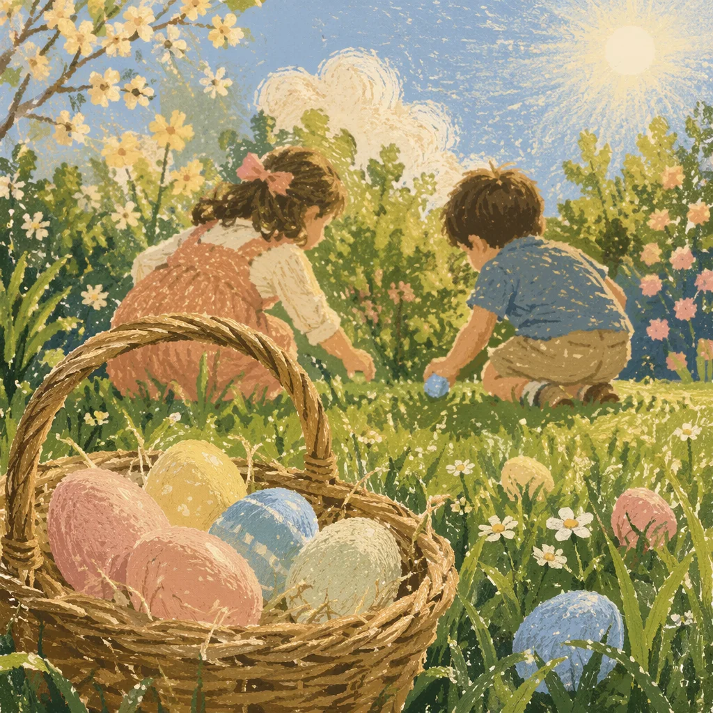 Sunny Easter Egg Hunt on Spring Grass