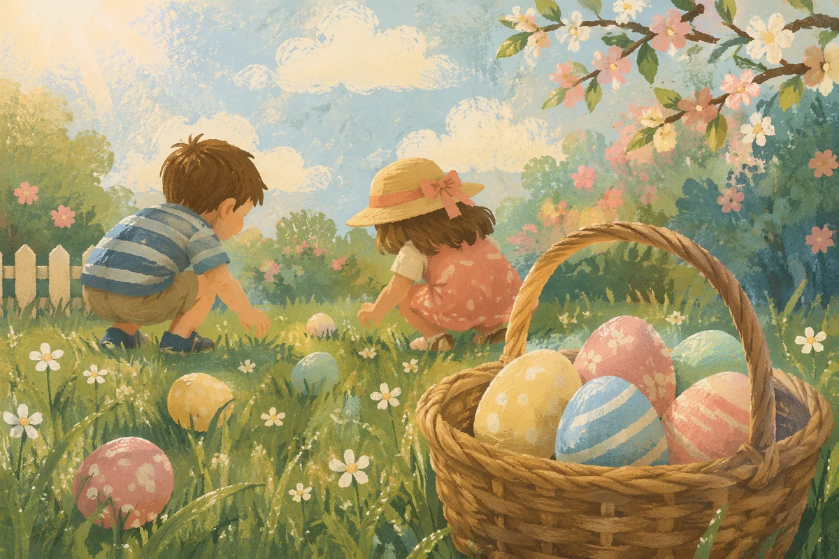 Sunny Easter Egg Hunt on Spring Grass