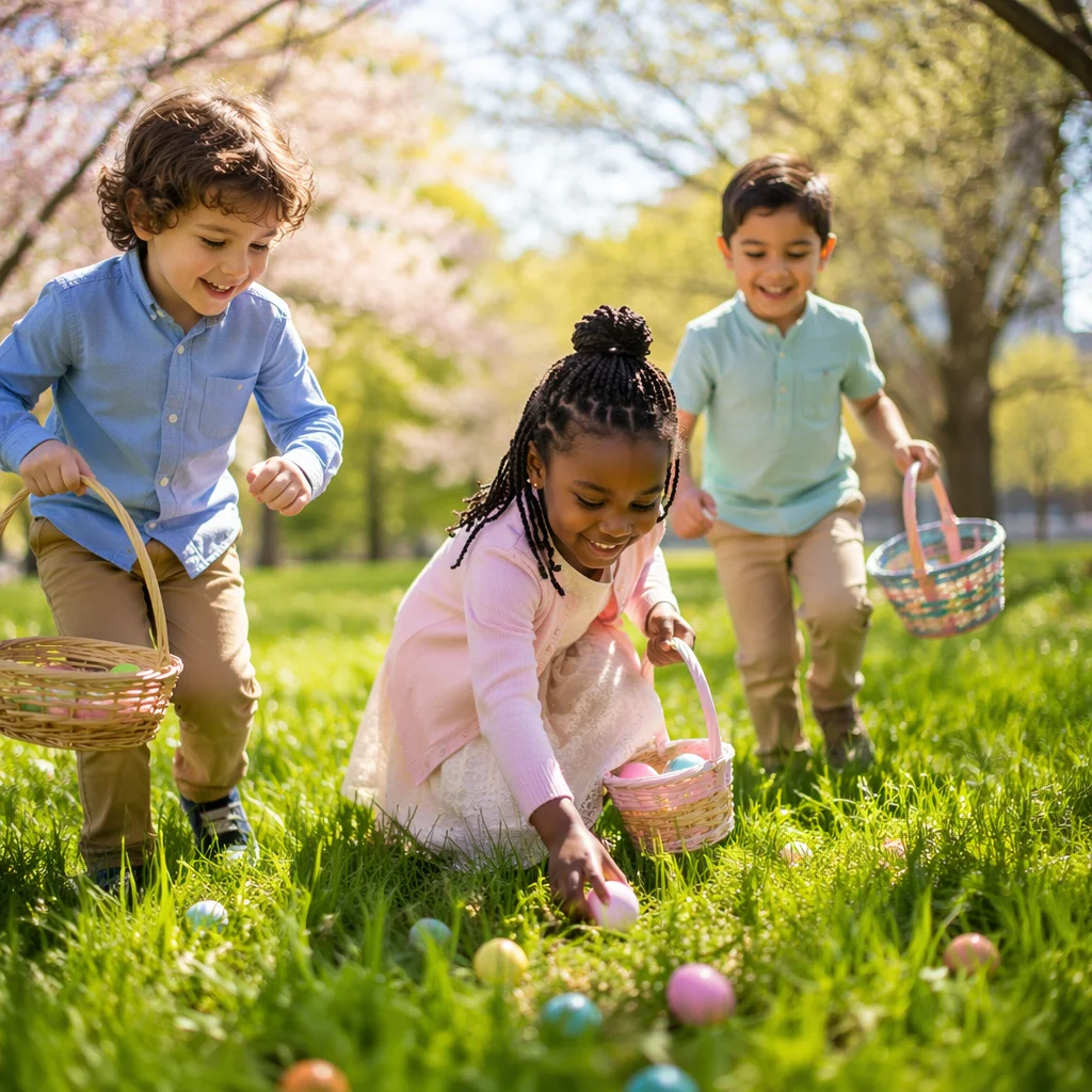 Children Hunting Easter Eggs in Sunny Park