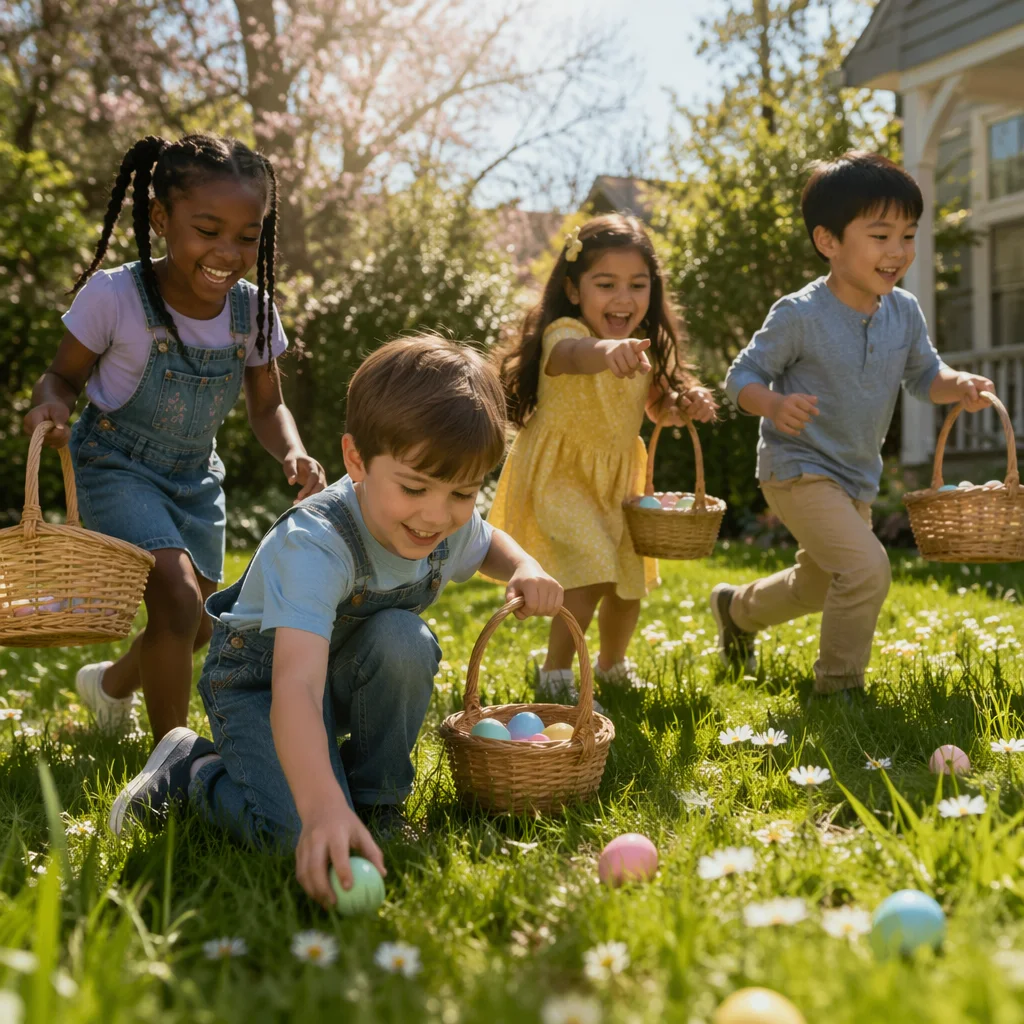 Children Hunting Easter Eggs in Sunny Yard