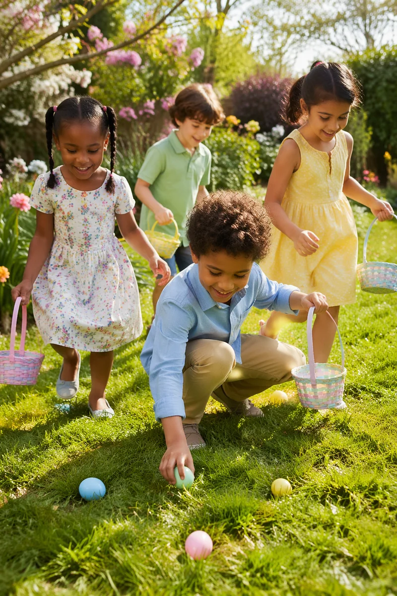 Children Hunting Easter Eggs in Garden