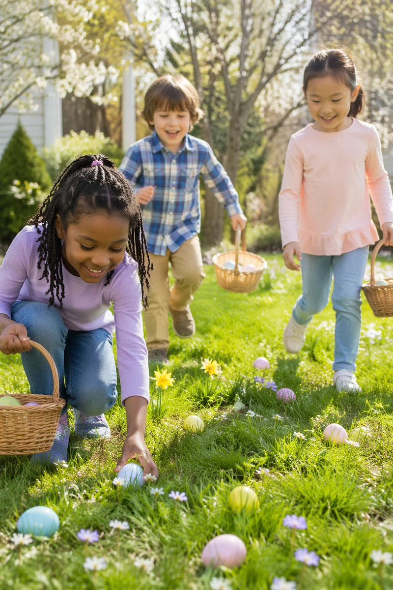 Children Hunting Easter Eggs on Sunny Lawn