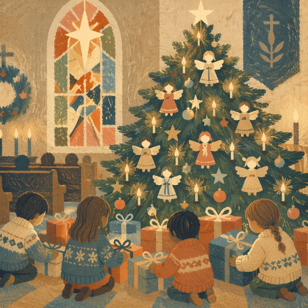 Children Placing Gifts by Christmas Tree