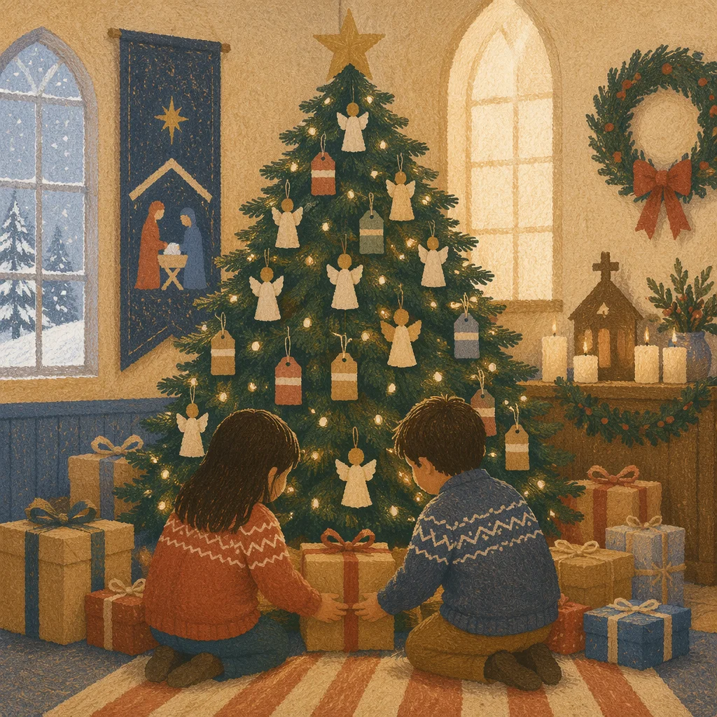 Children Placing Gifts by Christmas Angel Tree