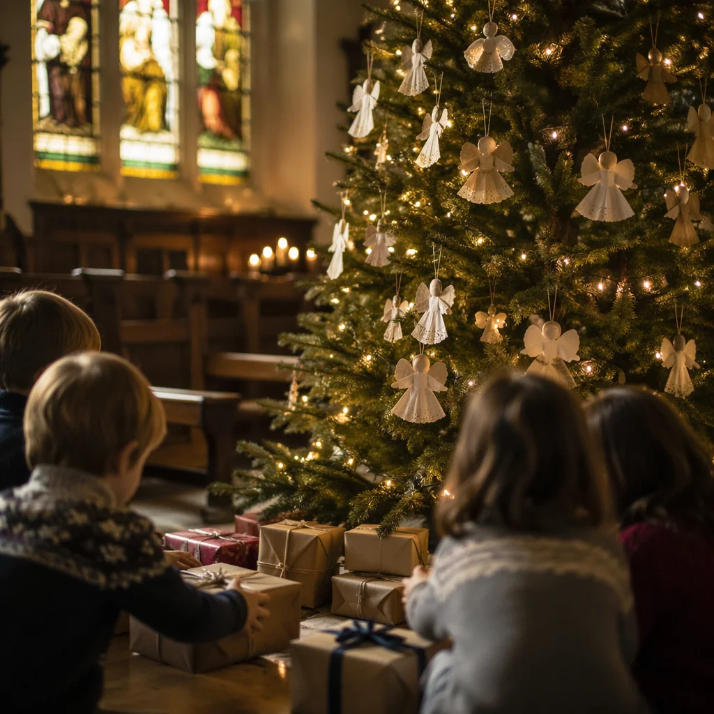 Children Placing Gifts by Christmas Angel Tree